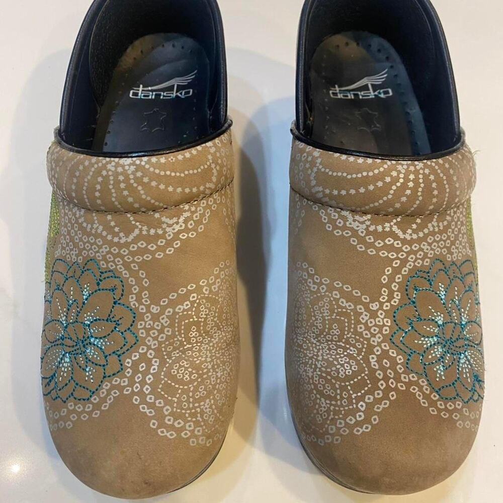 Tan and blue Dansko clogs